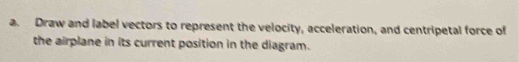 Draw and label vectors to represent the velocity, acceleration, and centripetal force of 
the airplane in its current position in the diagram.