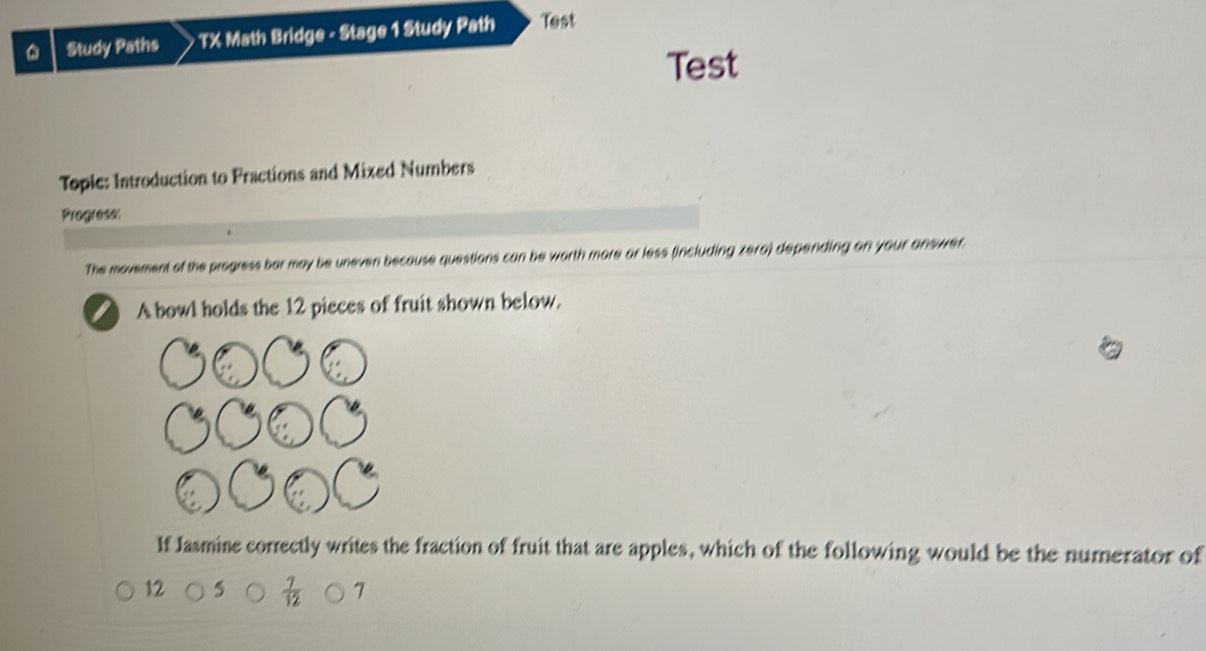 Study Paths - TX Math Bridge - Stage 1 Study Path Test 
Test 
Toplc: Introduction to Fractions and Mixed Numbers 
Progress 
The movement of the progress bar may be uneven because questions can be worth more or less (including zera) depending on your answer. 
A bowl holds the 12 pieces of fruit shown below. 
If Jasmine correctly writes the fraction of fruit that are apples, which of the following would be the numerator of