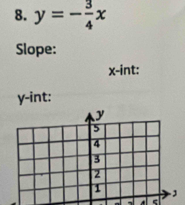 y=- 3/4 x
Slope:
x -int:
y -int: 
5