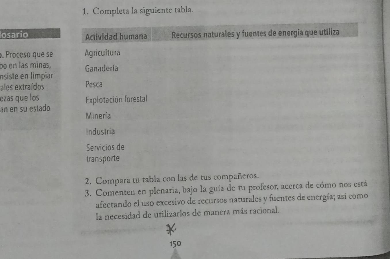 Completa la siguiente tabla.
osario Recursos naturales y fuentes de energía que utiliza
Actividad humana
. Proceso que se Agricultura
bo en las minas, Ganadería
Insiste en limpíar
ales extraídos Pesca
ezas que los
Explotación forestal
an en su estado
Minería
Industria
Servicios de
transporte
2. Compara tu tabla con las de tus compañeros.
3. Comenten en plenaria, bajo la guía de tu profesor, acerca de cómo nos está
afectando el uso excesivo de recursos naturales y fuentes de energía; así como
la necesidad de utilizarlos de manera más racional.
150