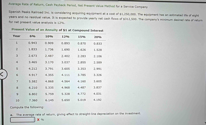 Average Rate of Return, Cash Payback Period, Net Present Value Method for a Service Company 
Spanish Peaks Railroad Inc. is considering acquiring equipment at a cost of $1,250,000. The equipment has an estimated life of eight
years and no residual value. It is expected to provide yearly net cash flows of $312,500. The company's minimum desired rate of return 
for net present value analysis is 12%. 
Compute the following: 
a. The average rate of return, giving effect to straight-line depreciation on the investment. 
x