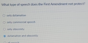 What type of speech does the First Amendment not protect?
only defamation
only commercial speech
only obscenity
defamation and obscenity
“