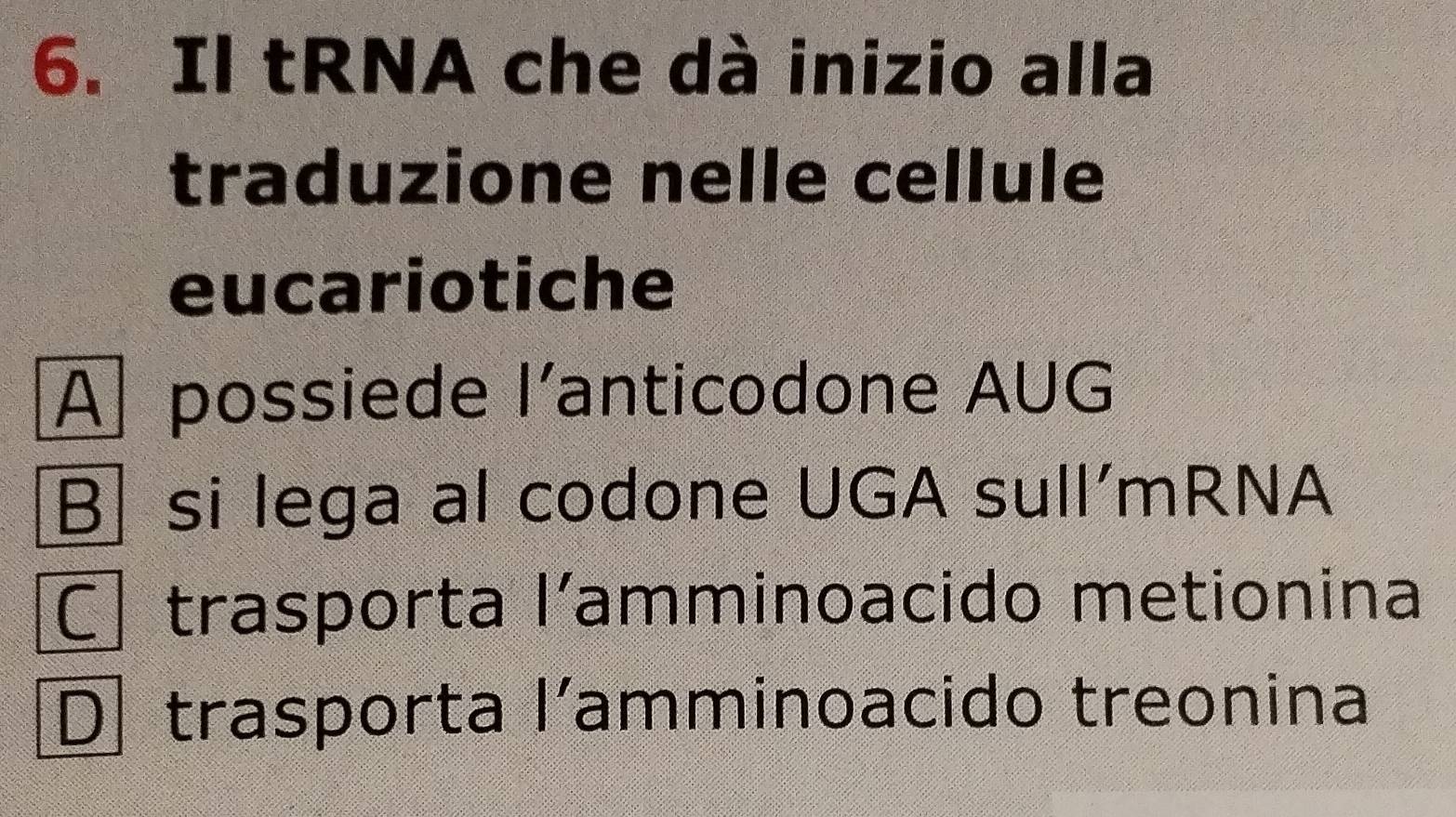 Il tRNA che dà inizio alla
traduzione nelle cellule
eucariotiche
A possiede l’anticodone AUG
B si lega al codone UGA sull'mRNA
trasporta l'amminoacido metionina
D trasporta l'amminoacido treonina