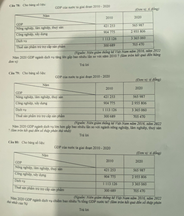 Cho bảng số liệu: 
GDP của nước ta giai đoạn 2010 - 2020 
) 
(Nguồn: N 
Năm 2020 GDP nganh dịch vụ tăng lên gắp bao nhiêu lần so với năm 2010 ? (làm tròn kết quả đến hàng 
đơn vi) Trả lời 
Câu 79: Cho bảng số liệu: 
GDP của nước ta giai đoạn 2010 - 2020 
, năm 2022 
Năm 2020 GDP ngành dịch vụ lớn hơn gập bao nhiêu lân so với ngành nông nghiệp, lầm nghiệp, thuỷ sản 
? làm tròn kết quá đền số thập phân thứ nhất) 
Trả lời 
Câu 80: Cho báng số liệu: 
GDP của nước ta giai đoạn 2010 - 2020 
016, năm 2022 
ăm 2020 GDP ngành dịch vụ chiếm bao nhiều % tổng GDP nước ta? (làm tròn kết quả đến số thập phân 
thứ nhất của %) 
Trả lời