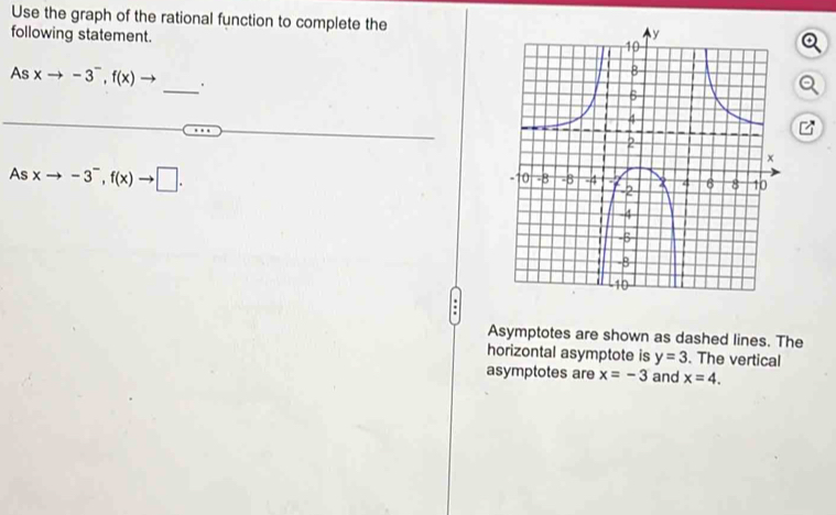 Use the graph of the rational function to complete the 
following statement. 
As xto -3^-, f(x)to
_ 
4 
As xto -3^-, f(x)to □. 
Asymptotes are shown as dashed lines. The 
horizontal asymptote is y=3. The vertical 
asymptotes are x=-3 and x=4.