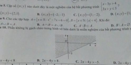 iu 5. Cập số (x;y) nào dưới đây là một nghiệm của hệ bất phương trình beginarrayl x-3y>4 2x+y≤ 3endarray. ?
(x;y)=(2;1). B. (x;y)=(-2;-1) C. (x;y)=(1;-2). D. (x;y)=(1;
u 9. Cho các tập hợp A= x∈ R:x^2-7x+6=0 , B= x∈ N:|x|<4. Khi đó:
A∪ B=A. B. A∩ B=A∪ B. C. A∪ B⊂ A. D. B∪ A=varnothing
u 10. Phần không bị gạch chéo trong hình vẽ bên dưới là miên nghiệm của bắt phương trình 1
x-4y<8</tex>. B. 2x-4y>8. C. 2x-4y>-5. D. 2x-4y>