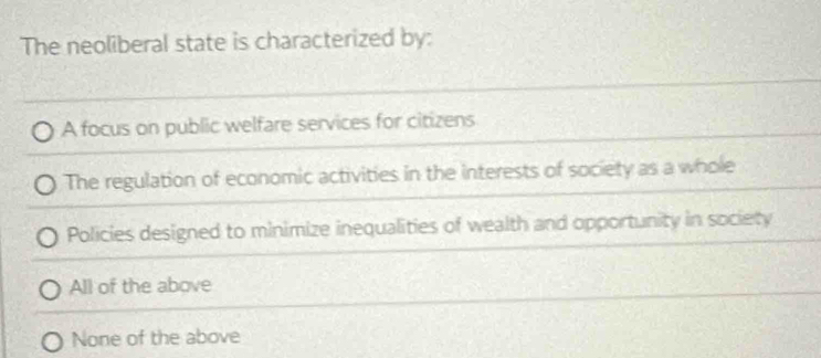 The neoliberal state is characterized by:
A focus on public welfare services for citizens
The regulation of economic activities in the interests of society as a whole
Policies designed to minimize inequalities of wealth and opportunity in society
All of the above
None of the above