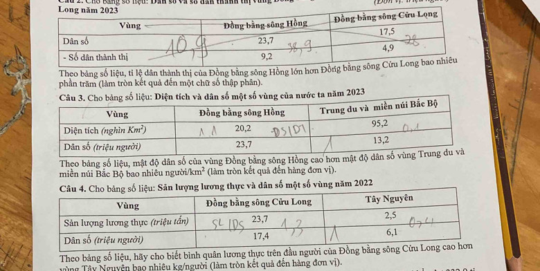 Cho bang số nệu: Dan số và số đan thành thị vũ
Theo bảng số liệu, tỉ lệ dân thành thị của Đồng bằng sông Hồng lớn h
phần trăm (làm tròn kết quả đến một chữ số thập phân).
Cho bảng số liệu: Diện tích và dân số một số vùng của nước ta năm 2023
Theo bảng số liệu, mật độ dân số của vùng Đồng bằng sông Hồn
miền núi Bắc Bộ bao nhiêu người. /km^2 (làm tròn kết quả đến hàng đơn vị).
bảng số liệu: Sản lượng lương thực và dân số một số vùng năm 2022
Theo bảng số liệu, hãy cho biết bình quân lương thực trên đầ
Tùng Tây Nguyện bao nhiêu kg/người (làm tròn kết quả đến hàng đơn vị).