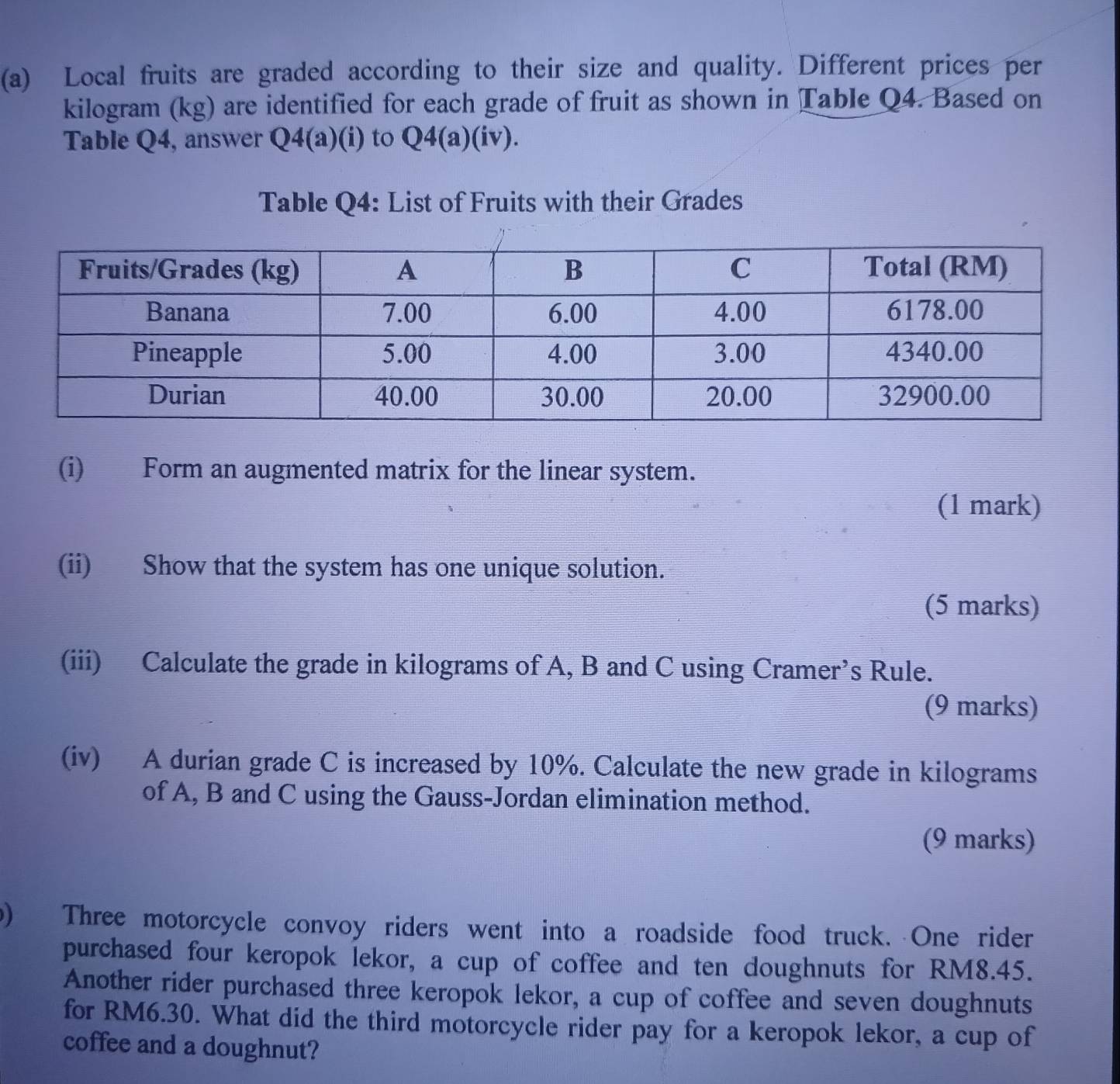 Local fruits are graded according to their size and quality. Different prices per
kilogram (kg) are identified for each grade of fruit as shown in Table Q4. Based on 
Table Q4, answer Q4(a)(i) to Q4(a)(iv). 
Table Q4: List of Fruits with their Grades 
(i) Form an augmented matrix for the linear system. 
(1 mark) 
(ii) Show that the system has one unique solution. 
(5 marks) 
(iii) Calculate the grade in kilograms of A, B and C using Cramer’s Rule. 
(9 marks) 
(iv) A durian grade C is increased by 10%. Calculate the new grade in kilograms
of A, B and C using the Gauss-Jordan elimination method. 
(9 marks) 
0) Three motorcycle convoy riders went into a roadside food truck. One rider 
purchased four keropok lekor, a cup of coffee and ten doughnuts for RM8.45. 
Another rider purchased three keropok lekor, a cup of coffee and seven doughnuts 
for RM6.30. What did the third motorcycle rider pay for a keropok lekor, a cup of 
coffee and a doughnut?