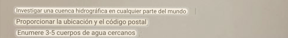 Investigar una cuenca hidrográfica en cualquier parte del mundo 
Proporcionar la ubicación y el código postal 
Enumere 3-5 cuerpos de agua cercanos