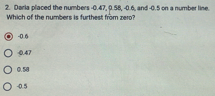 Daria placed the numbers -0.47, 9.58, -0.6, and -0.5 on a number line.
Which of the numbers is furthest from zero?
-0.6
-0.47
0.58
-0.5