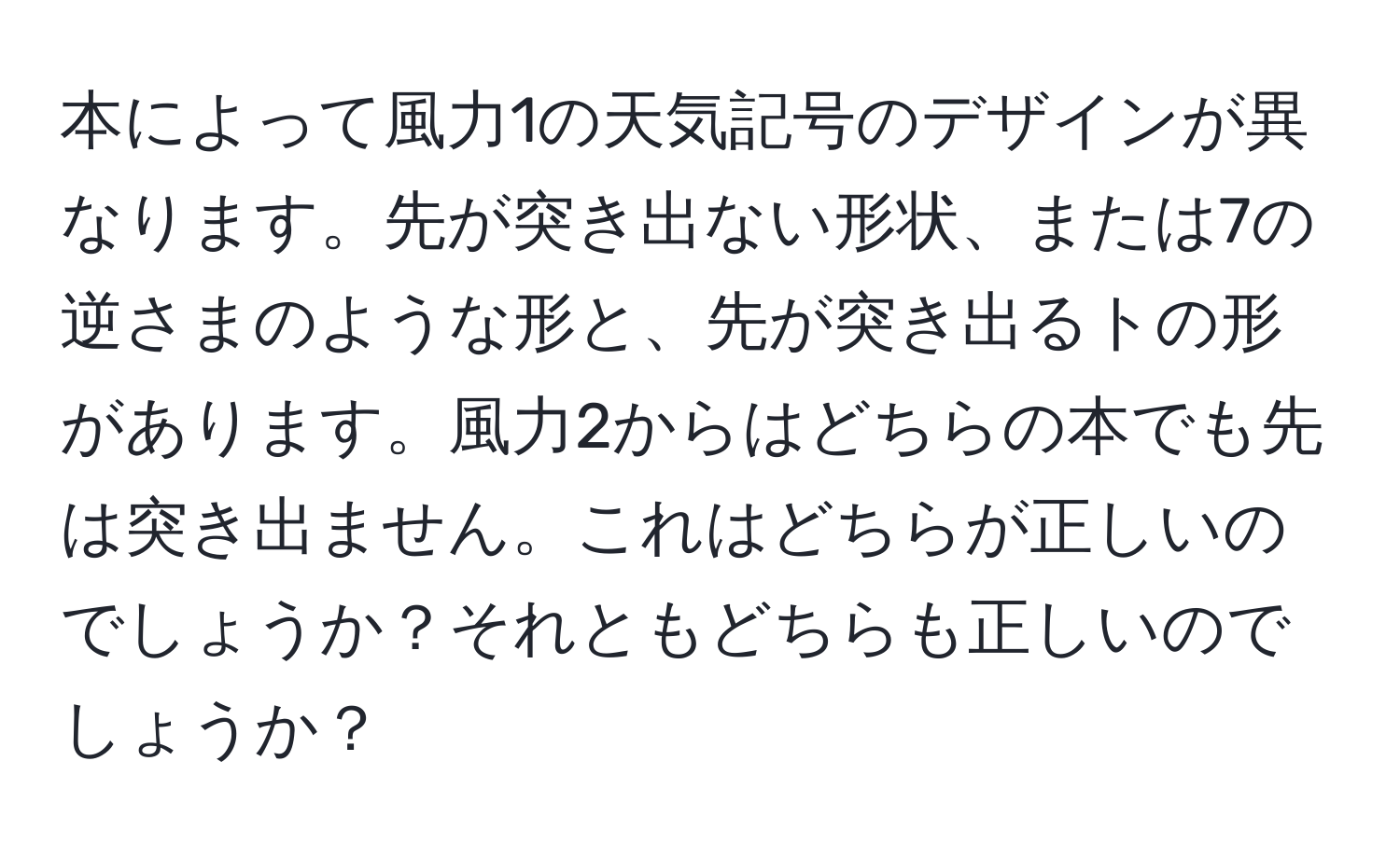 本によって風力1の天気記号のデザインが異なります。先が突き出ない形状、または7の逆さまのような形と、先が突き出るトの形があります。風力2からはどちらの本でも先は突き出ません。これはどちらが正しいのでしょうか？それともどちらも正しいのでしょうか？