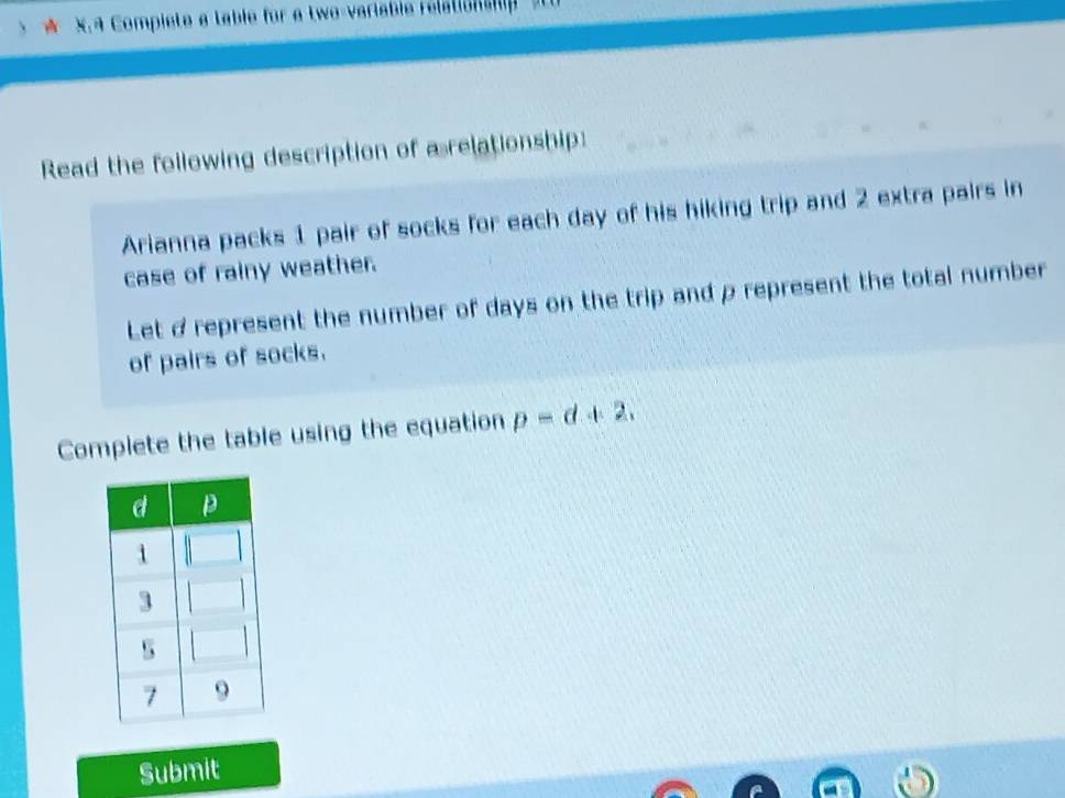 Compiete a table for a two-variable r elatio ns hp d 
Read the following description of a relationship: 
Arianna packs 1 pair of socks for each day of his hiking trip and 2 extra pairs in 
case of rainy weather. 
Let d represent the number of days on the trip and p represent the total number 
of pairs of socks. 
Complete the table using the equation p=d+2, 
Submit