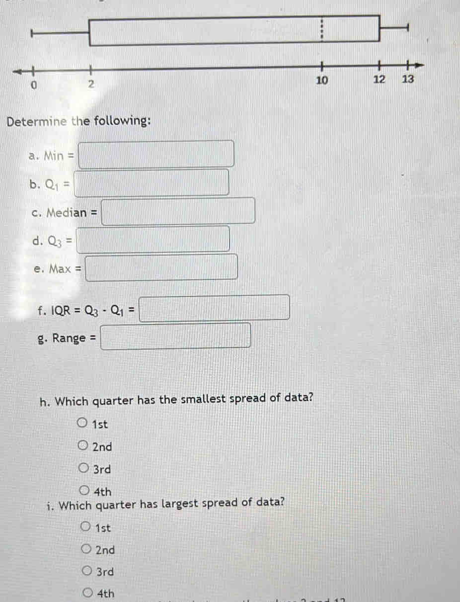 Determine the following:
a. Min=□
b. Q_1=□
c. Median =□
d. Q_3=□
e. Max=□
f. IQR=Q_3-Q_1=□
g. Range =□
h. Which quarter has the smallest spread of data?
1st
2nd
3rd
4th
i. Which quarter has largest spread of data?
1st
2nd
3rd
4th