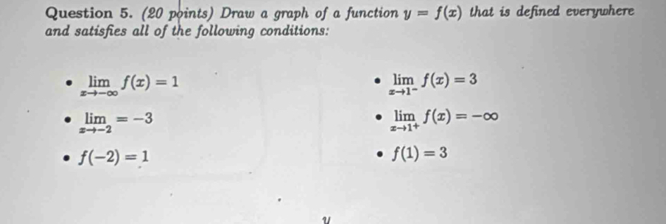 Draw a graph of a function y=f(x) that is defined everywhere 
and satisfies all of the following conditions:
limlimits _xto -∈fty f(x)=1
limlimits _xto 1^-f(x)=3
limlimits _xto -2=-3
limlimits _xto 1^+f(x)=-∈fty
f(-2)=1
f(1)=3