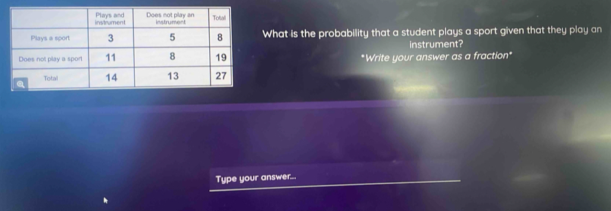 What is the probability that a student plays a sport given that they play an 
instrument? 
*Write your answer as a fraction* 
Type your answer...