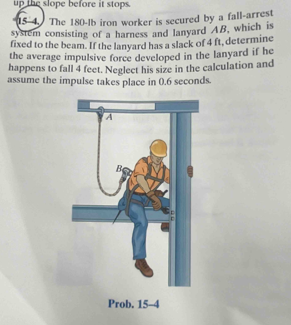 Solved: up the slope before it stops. 15-4. The 180-lb iron worker is ...