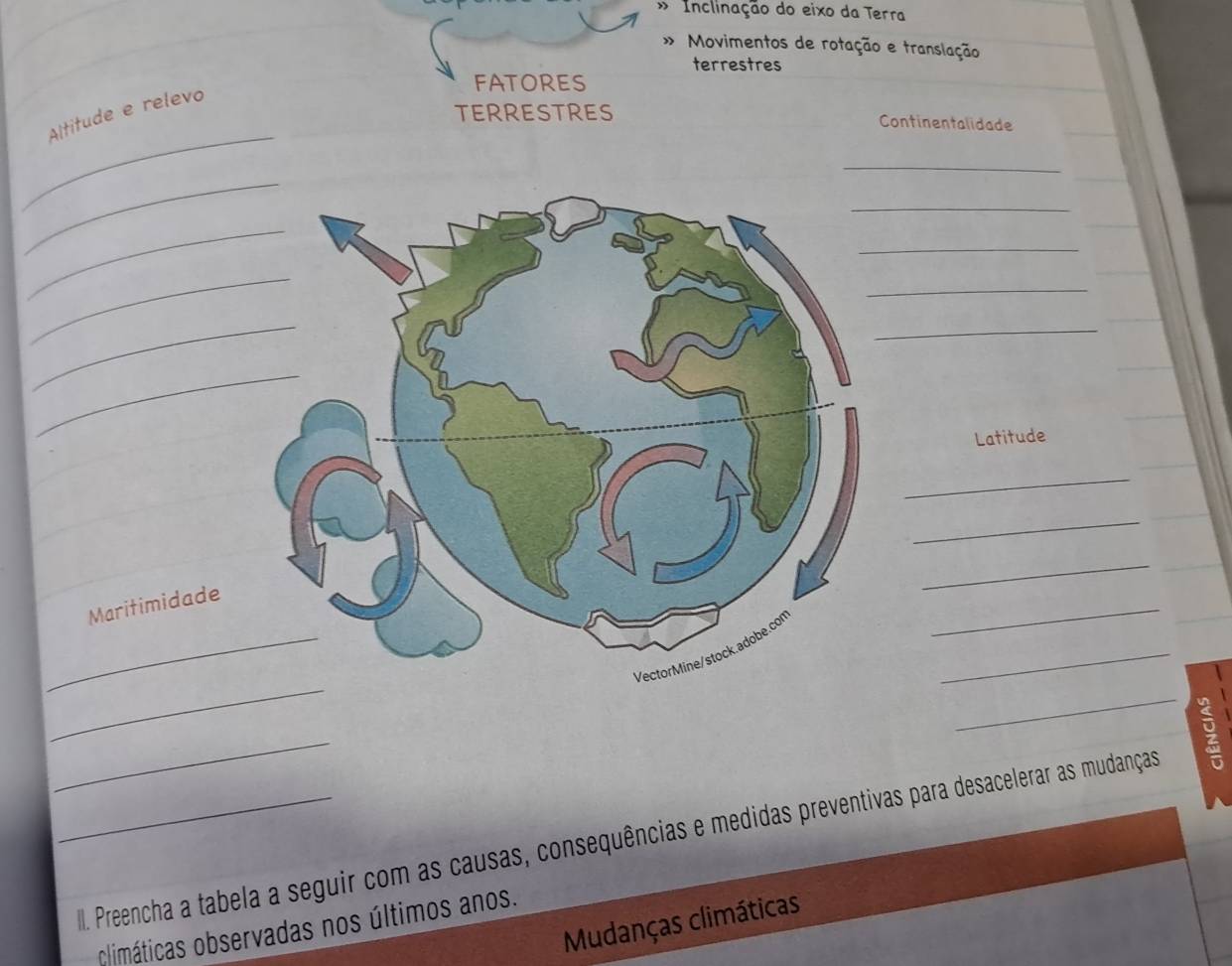 Inclinação do eixo da Terra 
* Movimentos de rotação e translação 
terrestres 
FATORES 
_ 
Altitude e relevo 
TERRESTRES Continentalidade 
_ 
_ 
_ 
_ 
_ 
_ 
_ 
_ 
_ 
_ 
Latitude 
_ 
_ 
_ 
_ 
_ 
Maritimidade 
_ 
_ 
_ 
__. Preencha a tabela a seguir com as causas, consequências e medidas preventivas para desacelerar as mudanças 
Mudanças climáticas 
climáticas observadas nos últimos anos.
