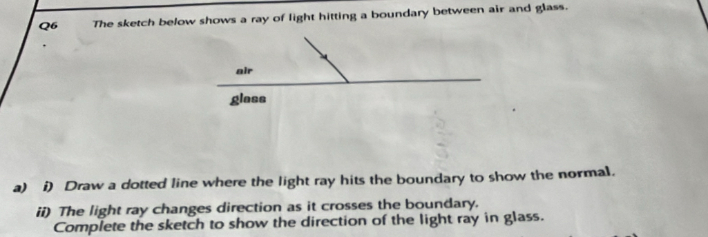 The sketch below shows a ray of light hitting a boundary between air and glass. 
air 
glass 
a) i) Draw a dotted line where the light ray hits the boundary to show the normal. 
ii) The light ray changes direction as it crosses the boundary. 
Complete the sketch to show the direction of the light ray in glass.