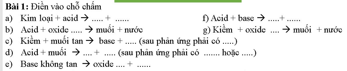 Điền vào chỗ chấm 
a) Kim loại + acid →_ + _f) Acid + base → .....+_ 
b) Acid + oxide ..... → muối + nước g) Kiềm + oxide .... → muối + nước 
c) Kiềm + muối tan → base + _.. (sau phản ứng phải có .....) 
d) Acid + muối →_ + _ (sau phản ứng phải có .... ... hoặc .....) 
e) Base không tan → oxide .... + ......