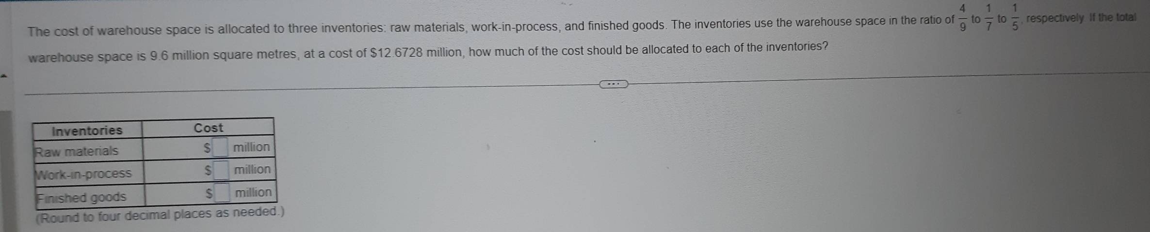 The cost of warehouse space is allocated to three inventories: raw materials, work-in-process, and finished goods. The inventories use the warehouse space in the ratio of  4/9  to  1/7  to  1/5  respectively. If the total 
warehouse space is 9.6 million square metres, at a cost of $12.6728 million, how much of the cost should be allocated to each of the inventories? 
(Round to four decimal