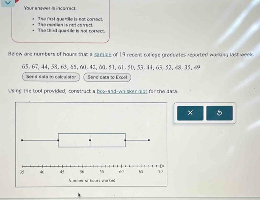 Your answer is incorrect.
The first quartile is not correct.
The median is not correct.
The third quartile is not correct.
Below are numbers of hours that a sample of 19 recent college graduates reported working last week.
65, 67, 44, 58, 63, 65, 60, 42, 60, 51, 61, 50, 53, 44, 63, 52, 48, 35, 49
Send data to calculator Send data to Excel
Using the tool provided, construct a box-and-whisker plot for the data.