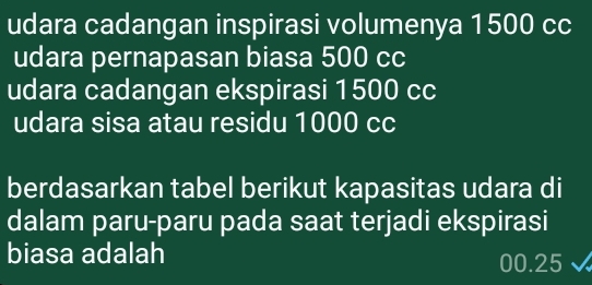 udara cadangan inspirasi volumenya 1500 cc 
udara pernapasan biasa 500 cc 
udara cadangan ekspirasi 1500 cc 
udara sisa atau residu 1000 cc 
berdasarkan tabel berikut kapasitas udara di 
dalam paru-paru pada saat terjadi ekspirasi 
biasa adalah
00.25