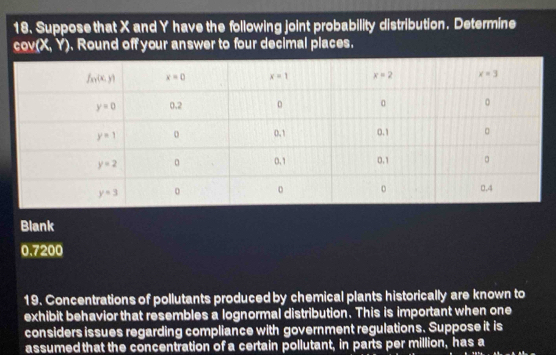 Suppose that X and Y have the following joint probability distribution. Determine
cov(X, Y). Round off your answer to four decimal places.
Blank
0.7200
19. Concentrations of pollutants produced by chemical plants historically are known to
exhibit behavior that resembles a lognormal distribution. This is important when one
considers issues regarding compliance with government regulations. Suppose it is
assumed that the concentration of a certain pollutant, in parts per million, has a