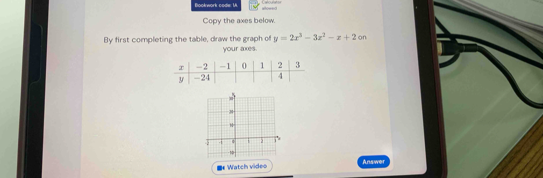 Caliculator 
Bookwork code: 1A allowed 
Copy the axes below. 
By first completing the table, draw the graph of y=2x^3-3x^2-x+2on
your axes. 
■ Watch video Answer