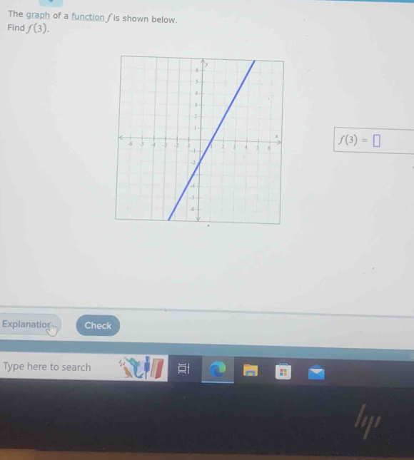 The graph of a function is shown below. 
Find f(3).
f(3)=□
Explanation Check 
Type here to search