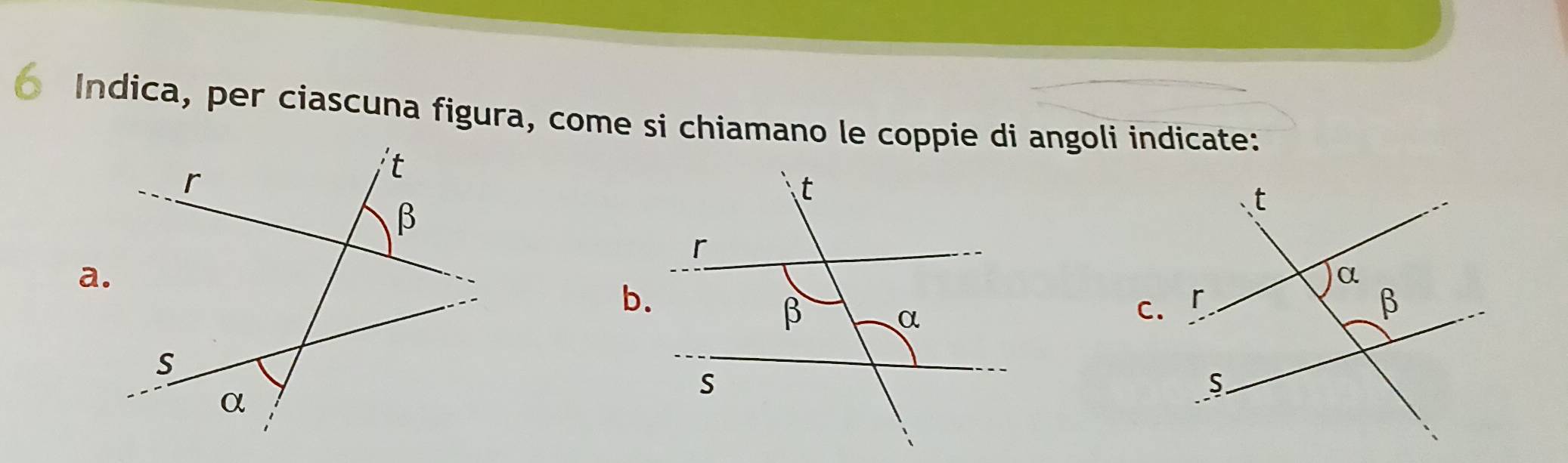 Indica, per ciascuna figura, come si chiamano le coppie di angoli indicate: 
a. 
b. 
C.