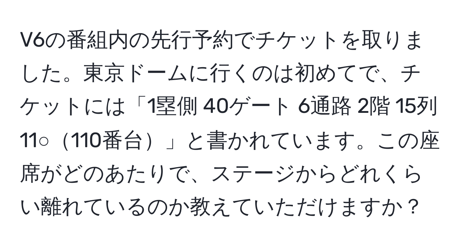 V6の番組内の先行予約でチケットを取りました。東京ドームに行くのは初めてで、チケットには「1塁側 40ゲート 6通路 2階 15列 11○110番台」と書かれています。この座席がどのあたりで、ステージからどれくらい離れているのか教えていただけますか？