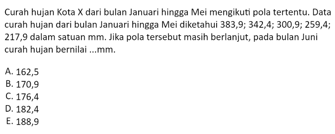 Curah hujan Kota X dari bulan Januari hingga Mei mengikuti pola tertentu. Data
curah hujan dari bulan Januari hingga Mei diketahui 383, 9; 342, 4; 300, 9; 259, 4;
217,9 dalam satuan mm. Jika pola tersebut masih berlanjut, pada bulan Juni
curah hujan bernilai ...mm.
A. 162,5
B. 170,9
C. 176,4
D. 182,4
E. 188,9