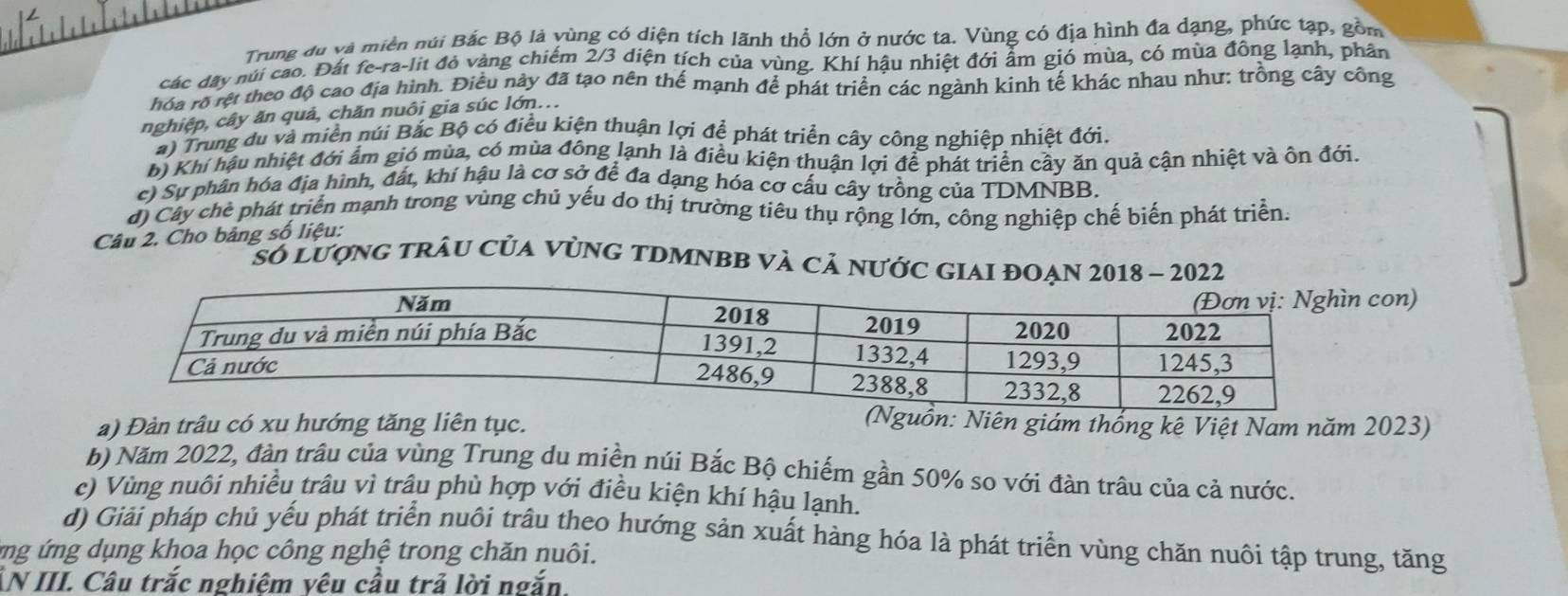 Trung du và miền núi Bắc Bộ là vùng có diện tích lãnh thổ lớn ở nước ta. Vùng có địa hình đa dạng, phức tạp, gồm
các dây núi cao. Đất fe-ra-lit đỏ vàng chiếm 2/3 diện tích của vùng. Khí hậu nhiệt đới ẩm gió mùa, có mùa đông lạnh, phân
hóa rõ rệt theo độ cao địa hình. Điều này đã tạo nên thế mạnh để phát triển các ngành kinh tế khác nhau như: trồng cây công
nghiệp, cây ăn quả, chăn nuôi gia súc lớn...
a) Trung du và miền núi Bắc Bộ có điều kiện thuận lợi để phát triển cây công nghiệp nhiệt đới.
bị Khí hậu nhiệt đới ẩm gió mùa, có mùa đông lạnh là điều kiện thuận lợi để phát triển cầy ăn quả cận nhiệt và ôn đới.
c) Sự phân hóa địa hình, đất, khí hậu là cơ sở để đa dạng hóa cơ cấu cây trồng của TDMNBB.
d) Cây chè phát triển mạnh trong vùng chủ yếu do thị trường tiêu thụ rộng lớn, công nghiệp chế biến phát triển.
Câu 2. Cho bảng số liệu:
Số lượng trâu của vùnG tDMNBB và Cả nước gIA
con)
a) Đàn trâu có xu hướng tăng liên tục.
: Niên giám thống kê Việt Nam năm 2023)
b) Năm 2022, đàn trâu của vùng Trung du miền núi Bắc Bộ chiếm gần 50% so với đàn trâu của cả nước.
c) Vùng nuôi nhiều trâu vì trâu phù hợp với điều kiện khí hậu lạnh.
d) Giải pháp chủ yếu phát triển nuôi trâu theo hướng sản xuất hàng hóa là phát triển vùng chăn nuôi tập trung, tăng
ứng ứng dụng khoa học công nghệ trong chăn nuôi.
ÂN III. Câu trắc nghiêm yêu cầu trả lời ngắn.