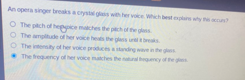 Solved: An opera singer breaks a crystal glass with her voice. Which ...