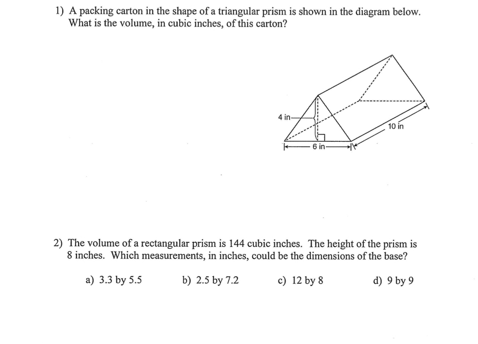 Solved: A packing carton in the shape of a triangular prism is shown in ...