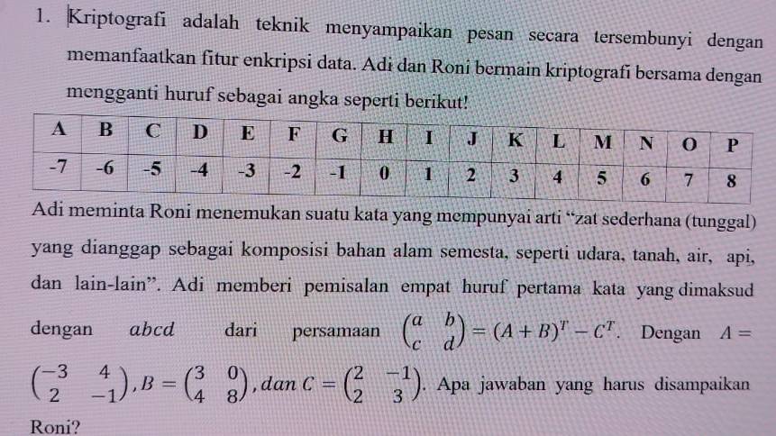 Kriptografi adalah teknik menyampaikan pesan secara tersembunyi dengan 
memanfaatkan fitur enkripsi data. Adi dan Roni bermain kriptografi bersama dengan 
mengganti huruf sebagai angka seperti berikut! 
Adi meminta Roni menemukan suatu kata yang mempunyai arti “zat sederhana (tunggal) 
yang dianggap sebagai komposisi bahan alam semesta, seperti udara, tanah, air, api, 
dan lain-lain”. Adi memberi pemisalan empat huruf pertama kata yang dimaksud 
dengan abcd dari persamaan beginpmatrix a&b c&dendpmatrix =(A+B)^T-C^T. Dengan A=
beginpmatrix -3&4 2&-1endpmatrix , B=beginpmatrix 3&0 4&8endpmatrix ,dan C=beginpmatrix 2&-1 2&3endpmatrix. Apa jawaban yang harus disampaikan 
Roni?