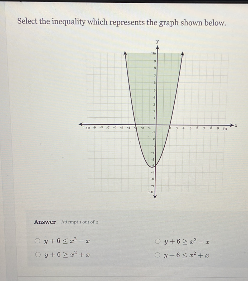 Select the inequality which represents the graph shown below.
Answer Attempt 1 out of 2
y+6≤ x^2-x
y+6≥ x^2-x
y+6≥ x^2+x
y+6≤ x^2+x