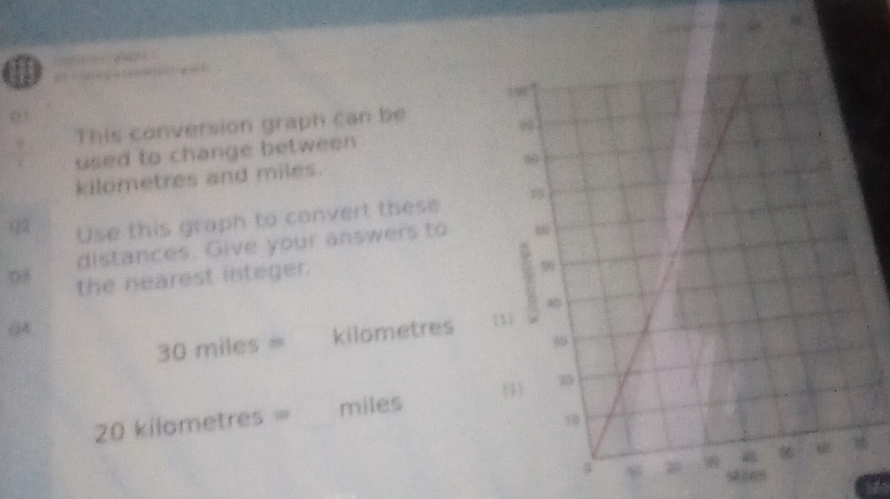 a 
0 
This conversion graph can be 
used to change between
kilometres and miles. 
qū Use this graph to convert these 
distances. Give your answers to 
08 the nearest integer. 
()A
30 miles = kilometres
20 kilometres = miles
3