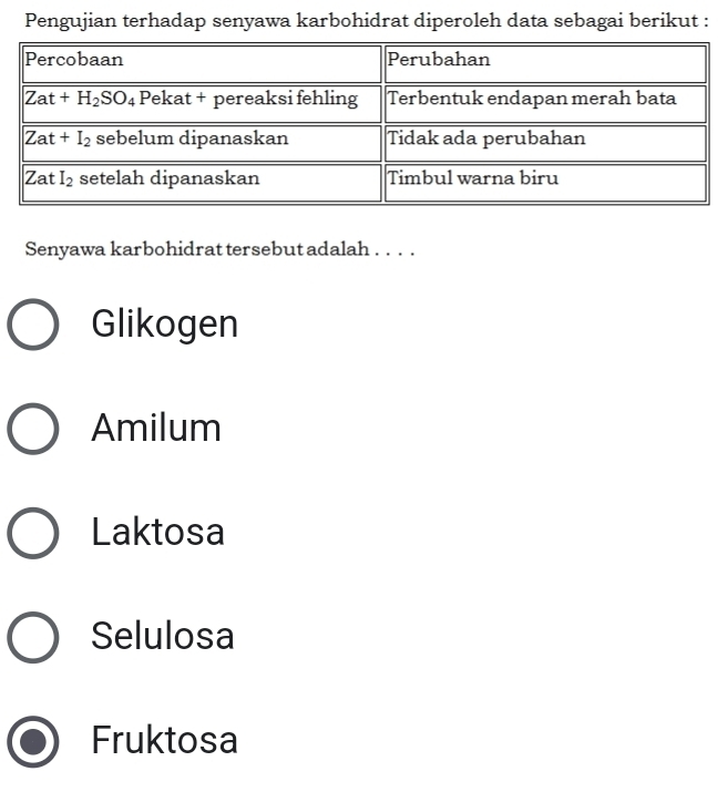 Pengujian terhadap senyawa karbohidrat diperoleh data sebagai berikut :
Senyawa karbohidrat tersebut adalah . . . .
Glikogen
Amilum
Laktosa
Selulosa
Fruktosa