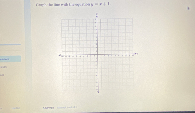 Graph the line with the equation y=x+1. 
quations 
hically 
nes 
Log Out Answer Attempi s out of 2