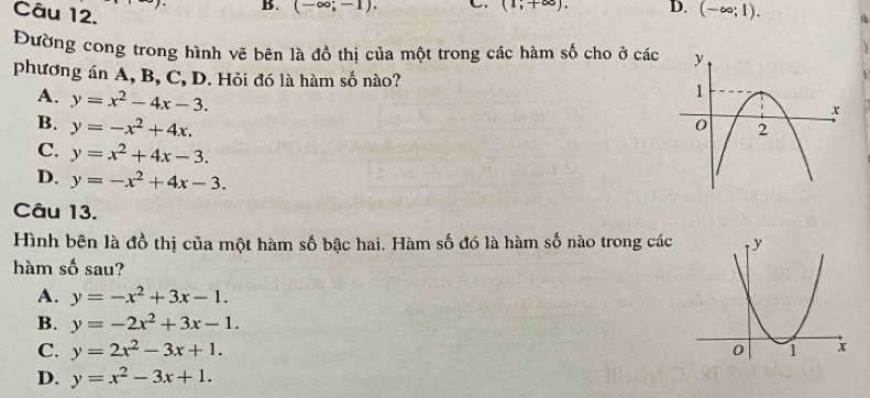 (1;+∈fty ). 
B. (-∈fty ;-1). D.
Câu 12. (-∈fty ;1). 
Đường cong trong hình vẽ bên là đồ thị của một trong các hàm số cho ở các 
phương án A, B, C, D. Hỏi đó là hàm số nào?
A. y=x^2-4x-3.
B. y=-x^2+4x.
C. y=x^2+4x-3.
D. y=-x^2+4x-3. 
Câu 13.
Hình bên là đồ thị của một hàm số bậc hai. Hàm số đó là hàm số nào trong các 
hàm số sau?
A. y=-x^2+3x-1.
B. y=-2x^2+3x-1.
C. y=2x^2-3x+1.
D. y=x^2-3x+1.