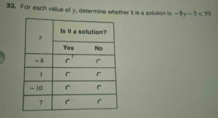 For each value of y, determine whether it is a solution to -8y-5<59</tex>