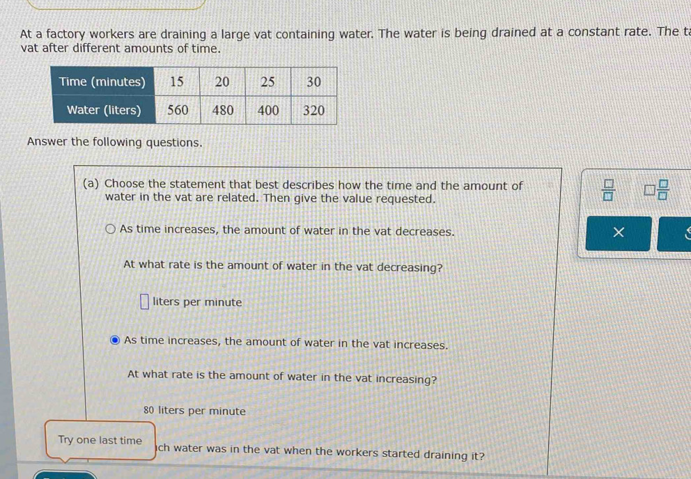 At a factory workers are draining a large vat containing water. The water is being drained at a constant rate. The t
vat after different amounts of time.
Answer the following questions.
(a) Choose the statement that best describes how the time and the amount of
water in the vat are related. Then give the value requested.
 □ /□   □  □ /□  
As time increases, the amount of water in the vat decreases.
×
At what rate is the amount of water in the vat decreasing?
liters per minute
As time increases, the amount of water in the vat increases.
At what rate is the amount of water in the vat increasing?
80 liters per minute
Try one last time ch water was in the vat when the workers started draining it?