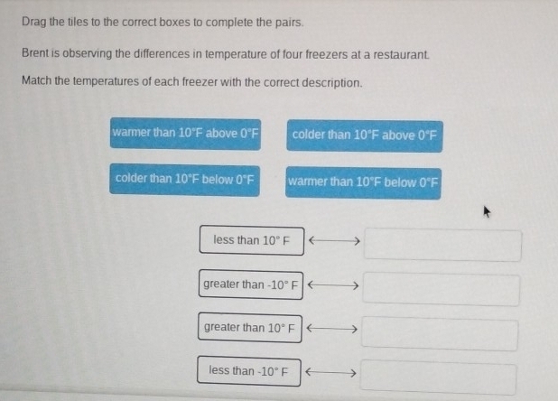 Drag the tiles to the correct boxes to complete the pairs.
Brent is observing the differences in temperature of four freezers at a restaurant.
Match the temperatures of each freezer with the correct description.
warmer than 10°F above 0°F colder than 10°F above 0°F
colder than 10°F below 0°F warmer than 10°F below 0°F
less than 10°F
greater than -10°F
greater than 10°F
less than -10°F