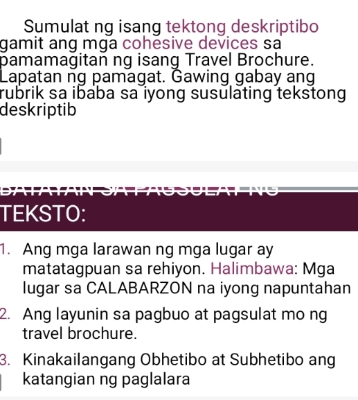 Solved: Sumulat ng isang tektong deskriptibo gamit ang mga cohesive ...