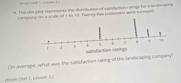 (From Unit 1, Lesson 4.) 
4. The dot plot represents the distribution of satisfaction ratings for a landscaping 
compaale of 1 to 10. Twenty-five customers were surveyed. 
On average, what was the satisfaction rating of the landscaping company? 
(From Unit 1, Lesson 3.)