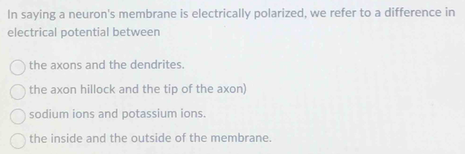 In saying a neuron's membrane is electrically polarized, we refer to a difference in
electrical potential between
the axons and the dendrites.
the axon hillock and the tip of the axon)
sodium ions and potassium ions.
the inside and the outside of the membrane.