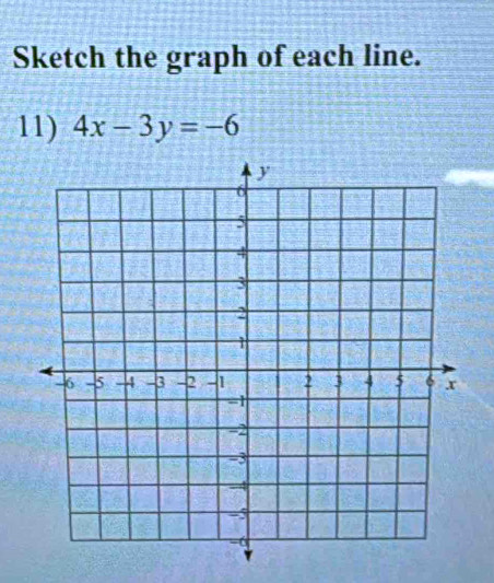 Sketch the graph of each line. 
11) 4x-3y=-6