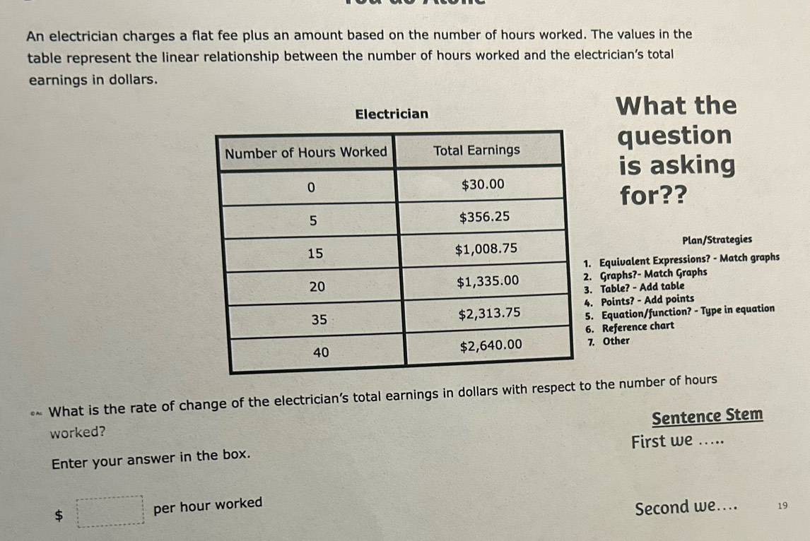 An electrician charges a flat fee plus an amount based on the number of hours worked. The values in the 
table represent the linear relationship between the number of hours worked and the electrician’s total 
earnings in dollars. 
Electrician 
What the 
question 
is asking 
for?? 
Plan/Strategies 
Equivalent Expressions? - Match graphs 
Graphs?- Match Graphs 
Table? - Add table 
. Points? - Add points 
. Equation/function? - Type in equation 
. Reference chart 
. Other 
What is the rate of change of the electrician’s total earnings in dollars with respect to the number of hours
Sentence Stem 
worked? 
Enter your answer in the box. First we ..... 
Second we....
$ □ per hour worked 19